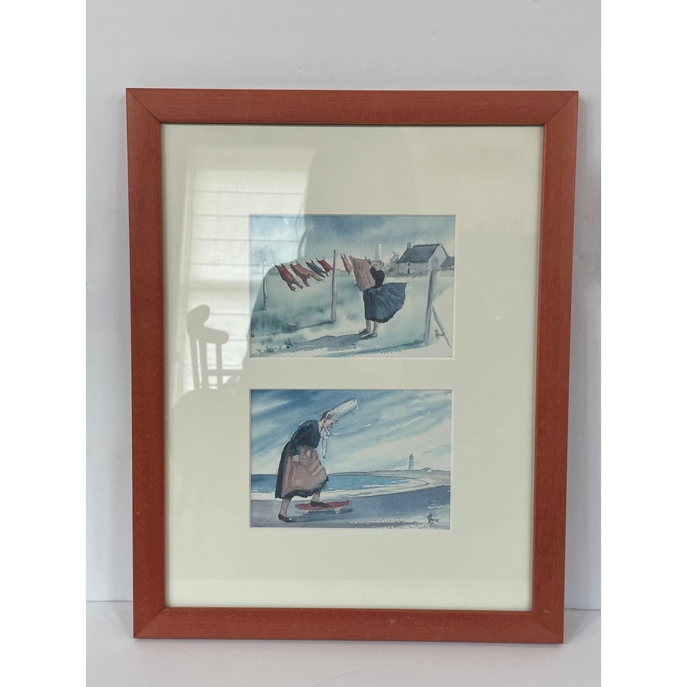 Framed Watercolor Prints Breton Woman Laundry & Skateboard‎ French Art, Signed